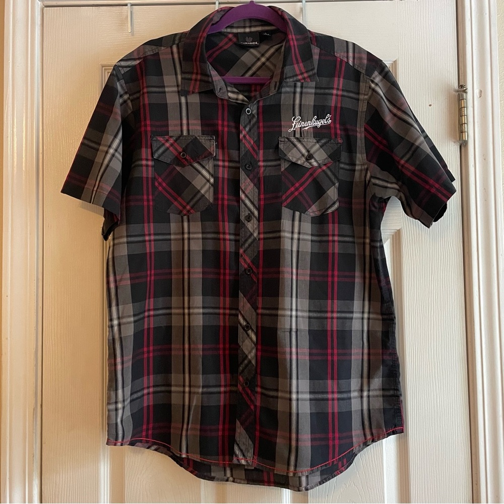 Leinenkugel’s Size Large Black Red Plaid Embroidered Shirt